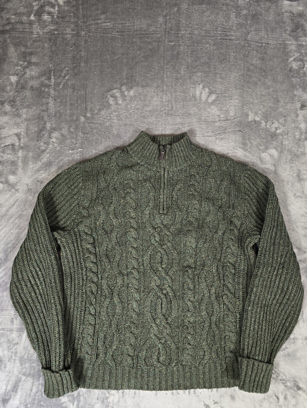 LL Bean Woman's Chunky Cable Knit 1/4 Zip Wool Blend Sweater Size Large Green
